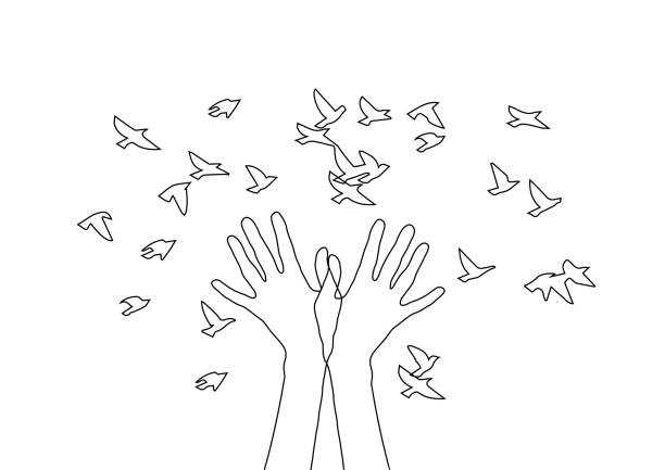 Hands releasing a flock of birds. Spring design, vector spring hand drawn vector linen illustration for logotype, coloring book, greeting card. drawing of spring free stock illustrations