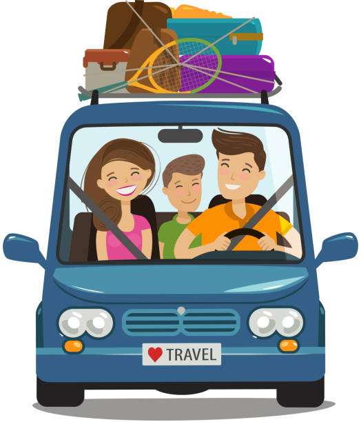 Travel, journey concept. Happy family rides in minivan. Cartoon vector illustration Travel, journey concept. Happy family rides in minivan. Cartoon vector illustration isolated on white background family vacation car stock illustrations