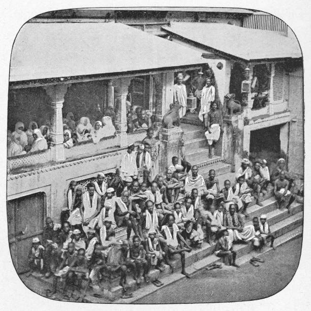 High angle view of a large group of people in Agra, India during the british era. Vintage halftone circa late 19th century.