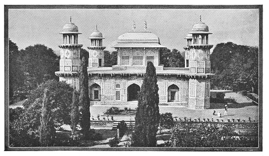 Tomb of I'timad-ud-Daulah in Agra, India during the british era. Vintage halftone circa late 19th century.