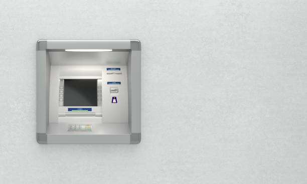 Atm machine on wall Atm machine with a card reader. Pin code safety, bank account access automatic banking, electronic cash withdrawal, concept. Display screen, buttons, cash dispenser, receipt printer. 3D illustration exchange teller stock pictures, royalty-free photos & images