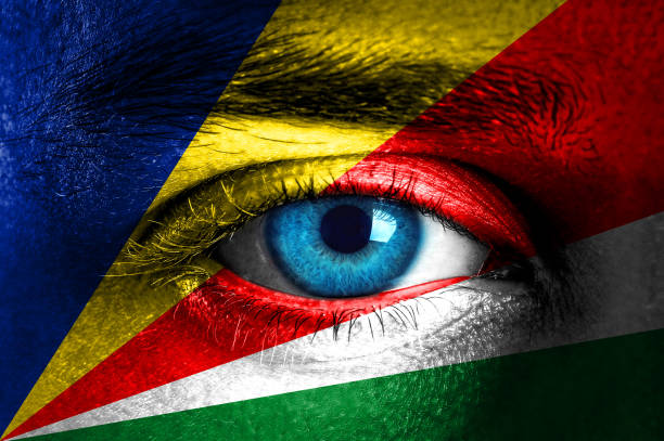 istock Human face painted with flag of Seychelles 937550518