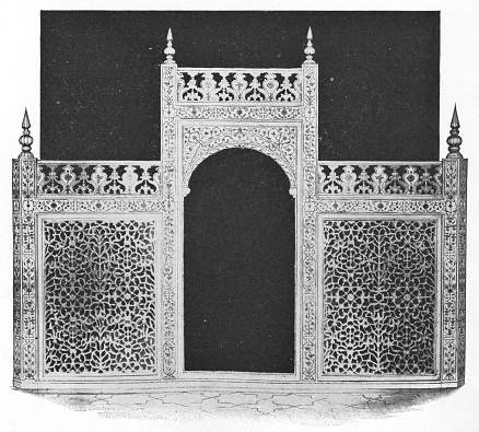 Jali or Jaali screen of Mumtaz Mahal's Tomb inside the Taj Mahal in Agra, India during the british era. Vintage halftone circa late 19th century.