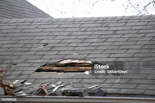 Damaged And Old Roofing Shingles On A House Stock Photo - Download Image Now - Rooftop, Damaged, Repairing