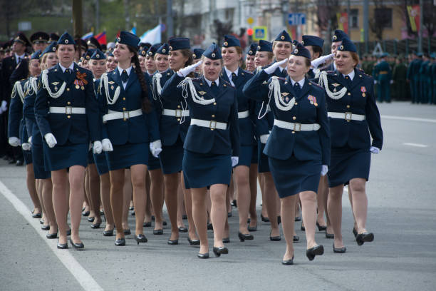 Yoshkar-Ola, Russia - May 4, 2017 Marching girls of the armed forces of Russia at the military parade