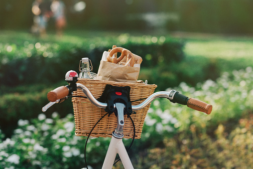 Bicycle basket full of groceries ready for a picnic in the park.