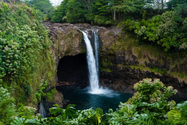 Rainbow Falls on the Big Island of Hawaii in the tropical rainforest.