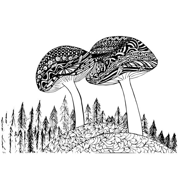 istock Mushrooms monochrome sketch, fir tree coloring page antistress stock vector illustration 937568556