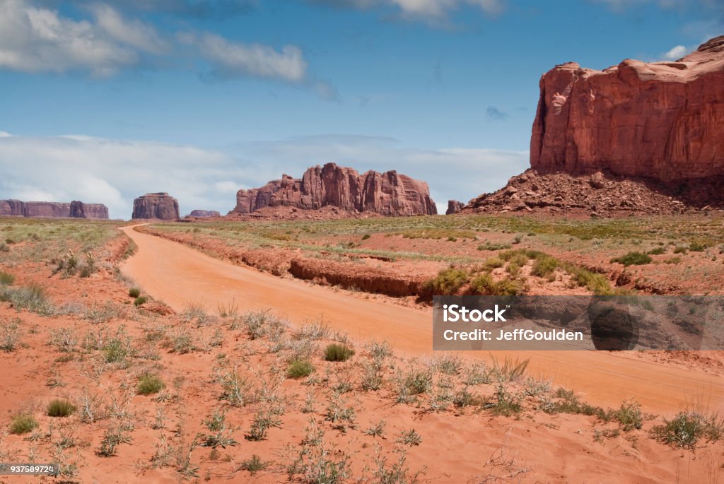 Dirt Road Leading to Merrick Butte A dirt road leads toward Merrick Butte at Monument Valley Tribal Park in Arizona, USA. Red Rocks Stock Photo