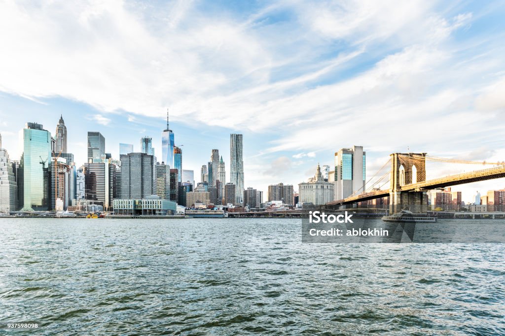 View of outside outdoors in NYC New York City Brooklyn Bridge Park by east river, cityscape skyline during sunset, skyscraper New York City Stock Photo