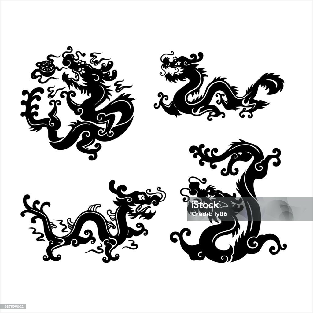 Dragon Set of 4 chinese dragons, oriental dragons,dragon icon, symbol Dragon stock vector