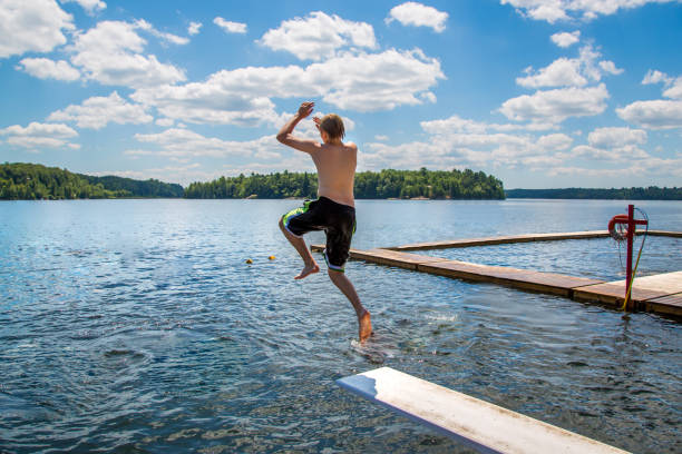 istock Teenage Boy Jumping in Lake 937613236