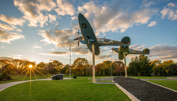 World War II Replica Planes in Jackson Park - Windsor, Ontario Windsor, Ontario, Canada - October 25, 2015:  World War II replica planes are on permanent display at one of Windsor, Ontario's premiere public parks. spitfire stock pictures, royalty-free photos & images