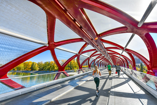 Peace Bridge with Bow River and part of the Calgary downtown in a sunny autumn day.