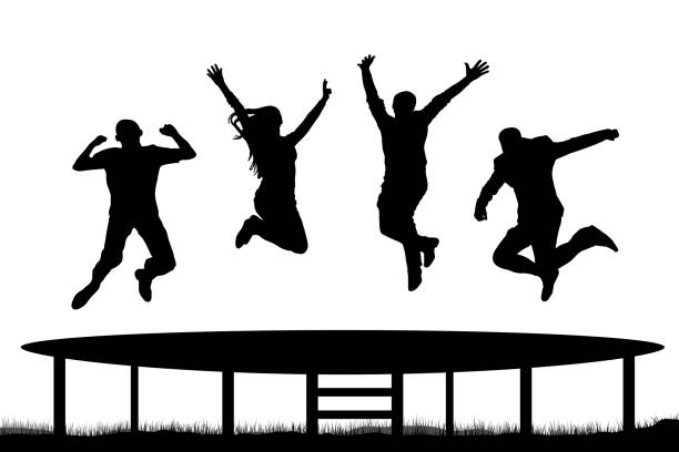 illustrazioni stock, clip art, cartoni animati e icone di tendenza di persone che saltano trampolino silhouette - vector fun family healthy lifestyle