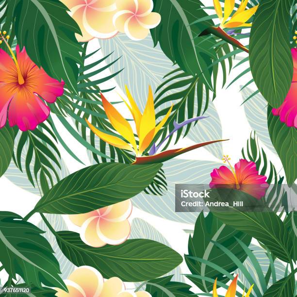 Tropical Pattern Background Of Hibiscus Bird Of Paridise And Palm Leaves Isolated On White Stock Illustration - Download Image Now
