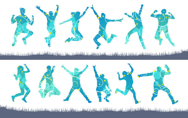 ilustrações, clipart, desenhos animados e ícones de silhuetas de pessoas pulando de homens e mulheres - women jumping bouncing spring