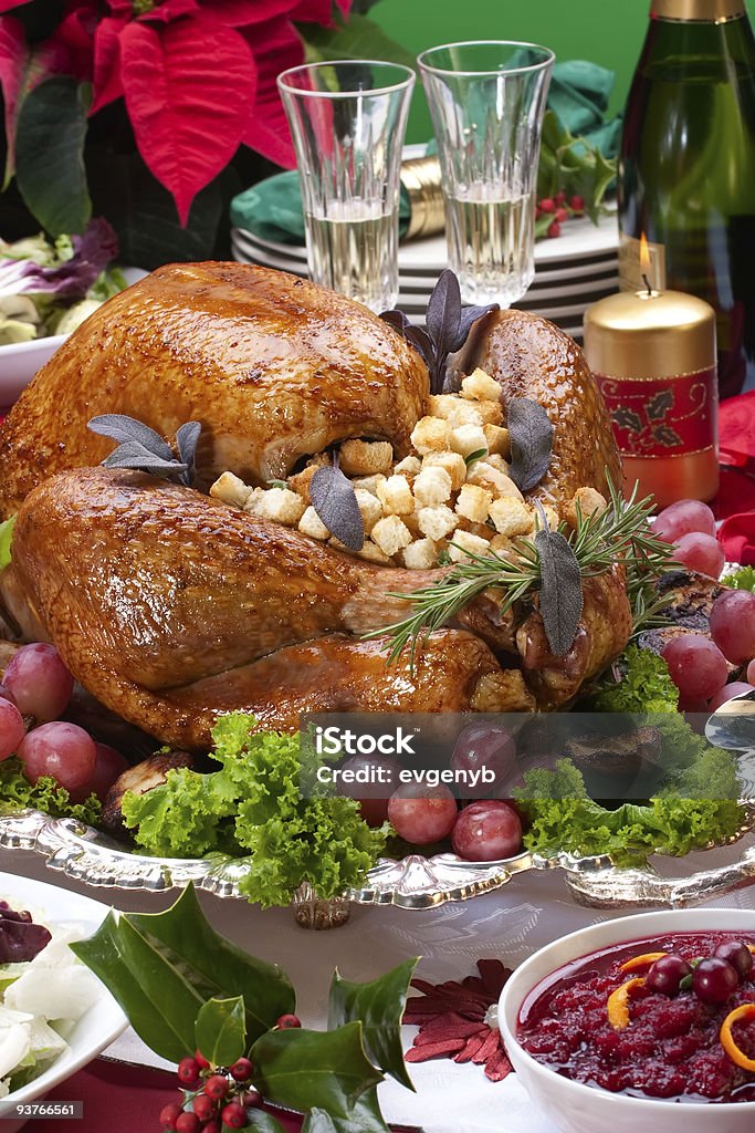 Christmas turkey on holiday table  Champagne Stock Photo