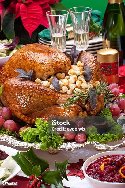 Christmas Turkey On Holiday Table Stock Photo - Download Image Now - Champagne, Christmas, Color Image