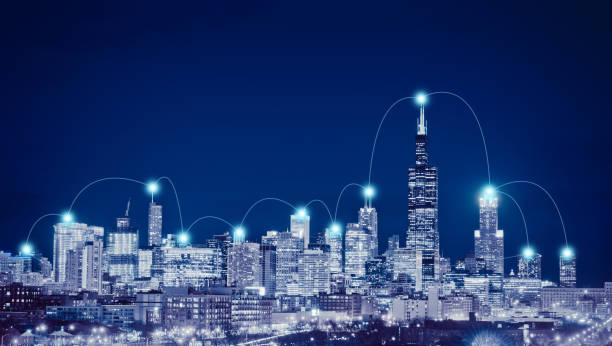 Network connection and global business  concept in Chicago City, Illinois, USA Network connection and global business  concept in Chicago City, Illinois, USA new york city skyline new york state night stock pictures, royalty-free photos & images
