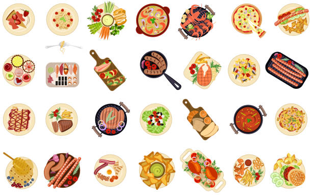 various food dishes Big set of various food dishes isolated. Top view for cuisine of different countries in flat design. Vector illustration eps 10 soup and sandwich stock illustrations