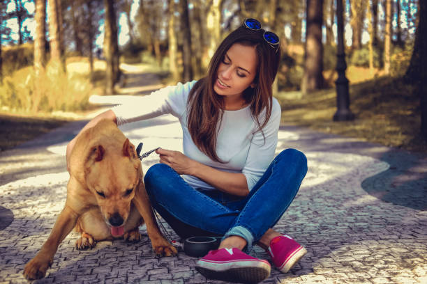 istock Casual brunette female with her brown dog. 937710956