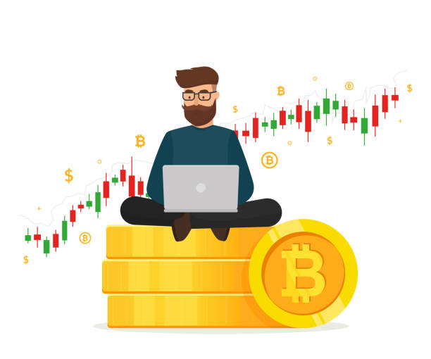 Cryptocurrency concept. Young man sitting on golden stacks coin with laptop and trading graph diagram. Blockchain network technology. Vector illustration isolated on white background. Young man sitting on golden stacks coin with laptop and trading graph diagram. bitcoin trading stock illustrations