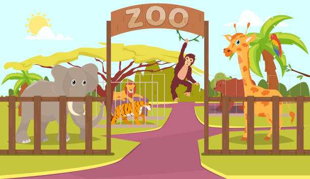 stockillustraties, clipart, cartoons en iconen met dieren achter hek en zoo teken - zoo