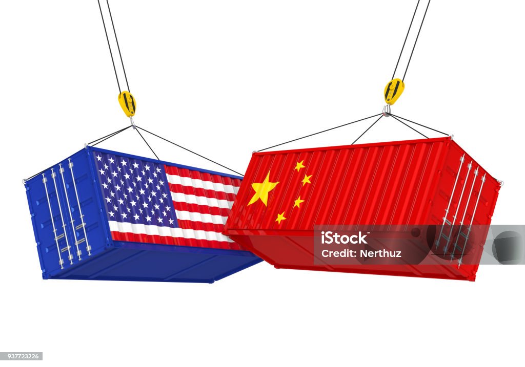 United States and China Cargo Container Isolated. Trade war Concept United States and China Cargo Container isolated on white background. Trade war Concept 3D render Container Stock Photo