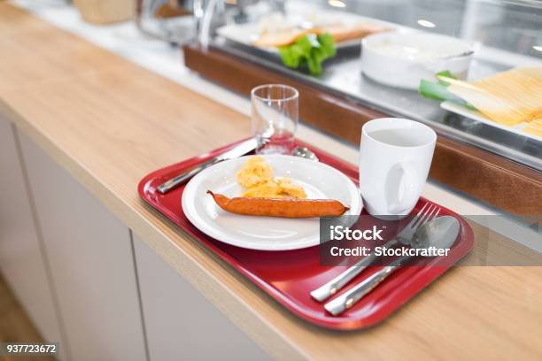 Fresh Breakfast Standing On The Wooden Table Stock Photo - Download Image Now - Cafeteria, Cooking, Tray