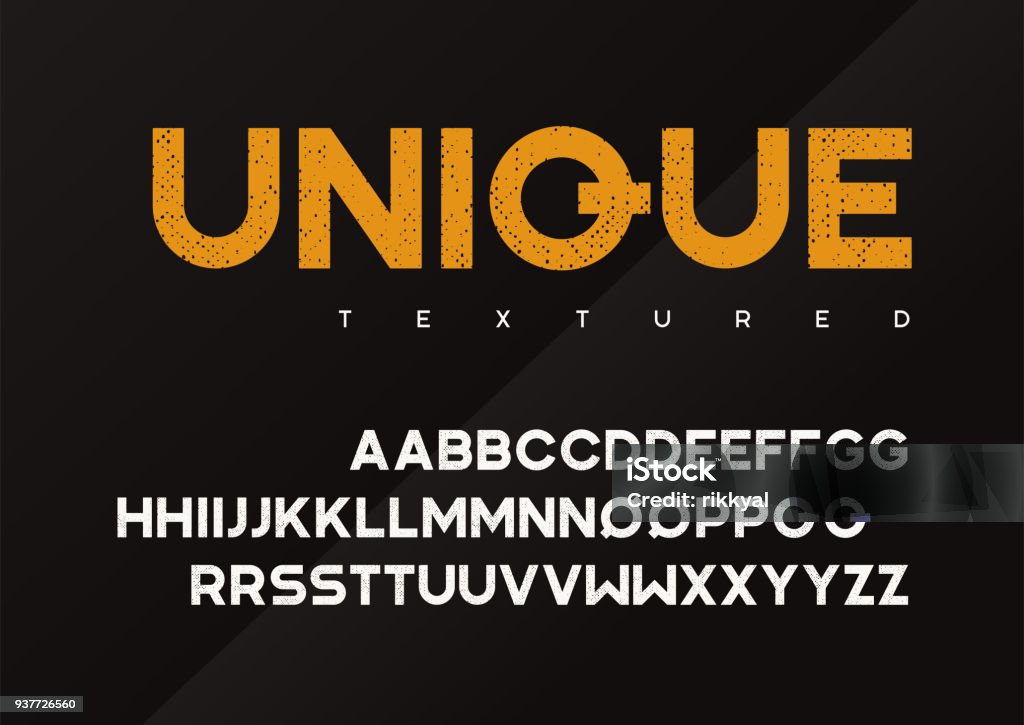 Unique vector grunge textured industrial display typeface, uppercase letters, alphabet, font, typography. Unique vector grunge textured industrial display typeface, uppercase letters, alphabet, font, typography. Global swatches Typescript stock vector
