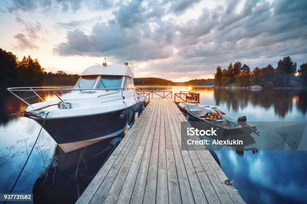 Wooden Pier With Boat Stock Photo - Download Image Now - Nautical Vessel, Pier, Commercial Dock