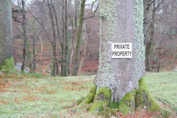 Private Property Sign on Tree in woodlands at Country Land Estate