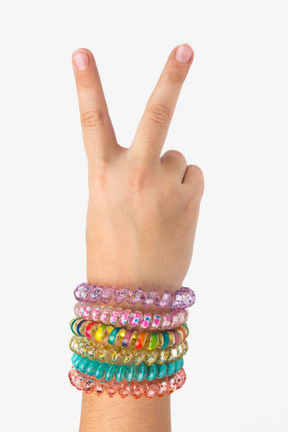 istock Baby hand with bracelets showing two fingers in top isolate 937739182