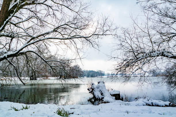 istock Part frozen pond and path around it in the winter 937740088