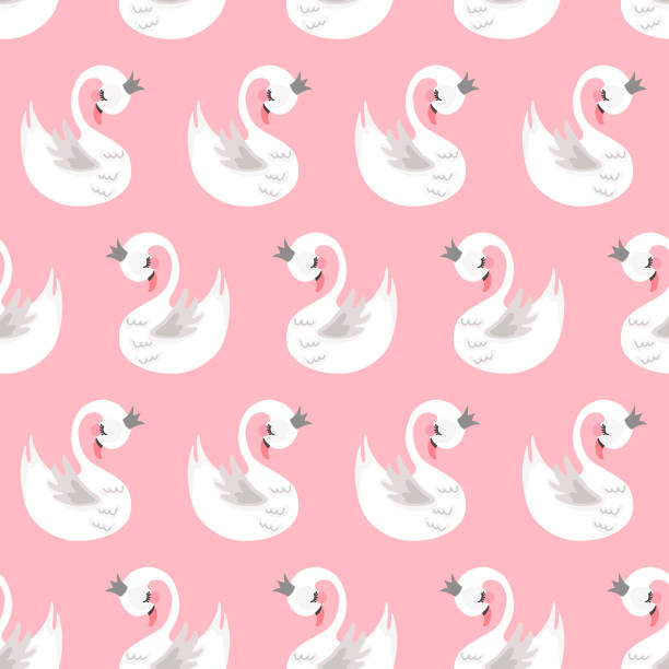 ilustrações de stock, clip art, desenhos animados e ícones de seamless swan princess pattern. cute princess swan. cartoon hand drawn vector illustration. - swan princess cartoon crown