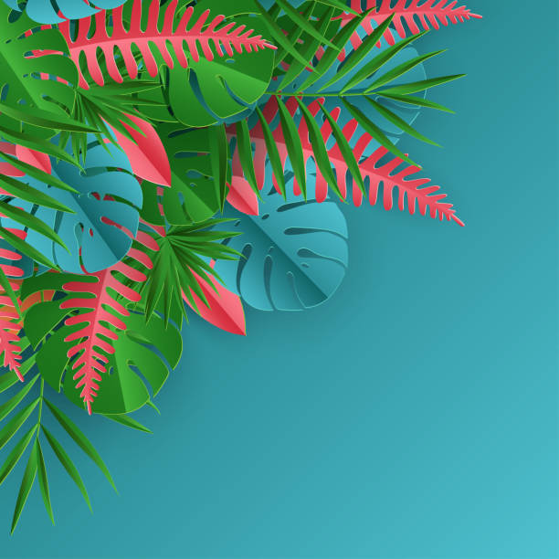 istock Tropical paper palm, monstera leaves frame. Summer tropical leaf. Origami exotic hawaiian jungle, summertime background 937757972