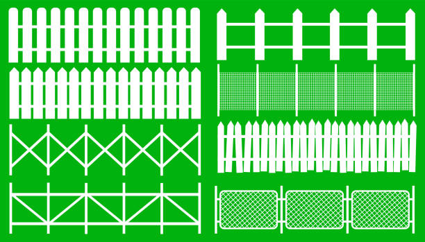 農村の木製フェンス、ピケット ベクトル。庭の図の白いシルエット フェンス - non urban scene silhouette fence gate点のイラスト素材／クリップアート素材／マンガ素材／アイコン素材