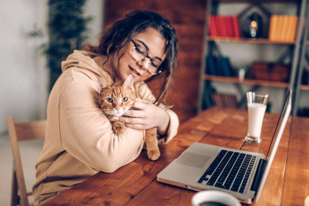 istock Enjoying working with my cat at home 937777082