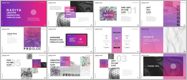 минимальные презентации, шаблоны портфолио. розовые элементы на белом фоне. брошюра охватывает векторный дизайн. презентационные слайды д� - закрывать фотографии stock illustrations