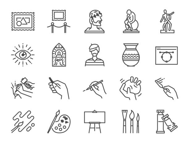 kunst-icon-set. enthalten die symbole als künstler, farbe, farbe, skulptur, statue, bild, alte meister, künstlerische und vieles mehr. - pottery stock-grafiken, -clipart, -cartoons und -symbole