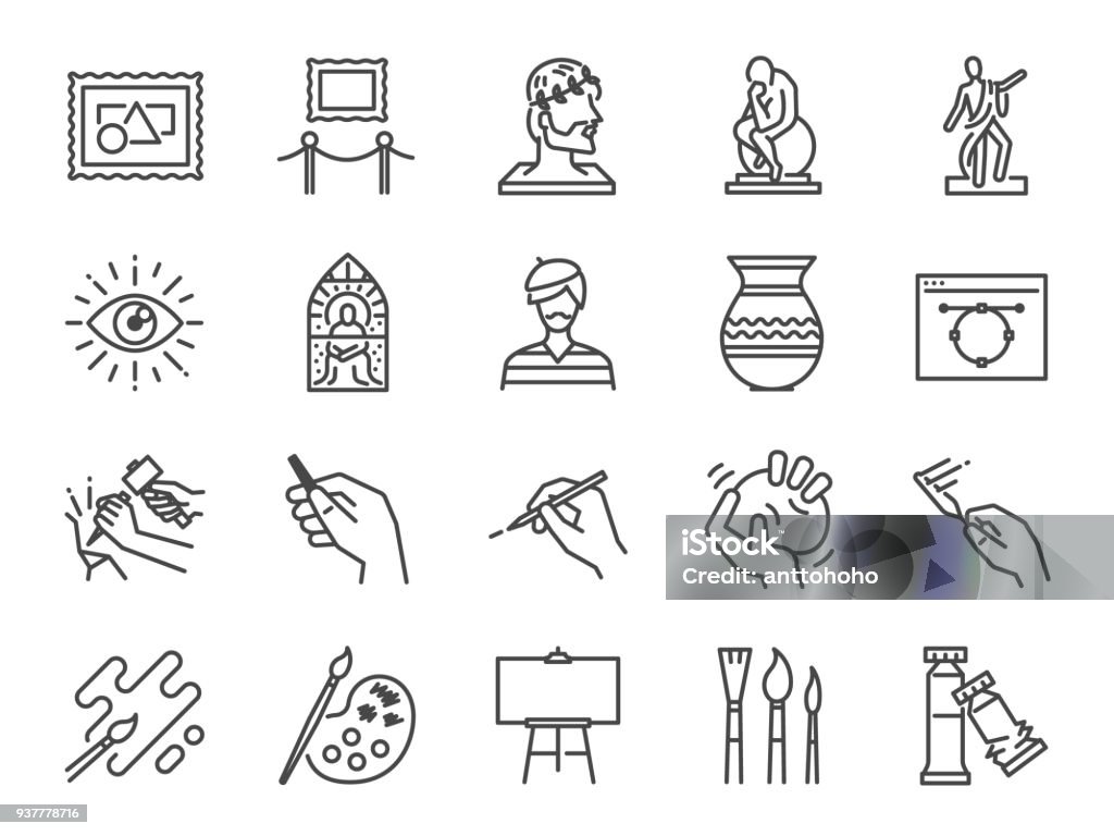 Art icon set. Included the icons as artist, color, paint, sculpture, statue, image, old master, artistic and more. Icon Symbol stock vector