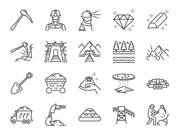 ilustrações de stock, clip art, desenhos animados e ícones de mine icon set. included the icons as mining, worker, labor, coal, underground, digging, track, rail and more. - gold digger