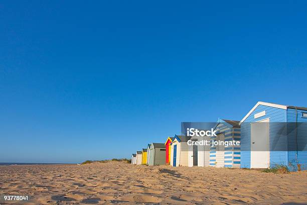 Panorama Of Set Of Southward Colorful Beach Huts Stock Photo - Download Image Now - Beach, Summer, Southwold