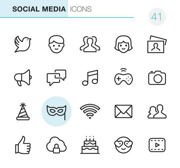 Social Media - Pixel Perfect icons 20 Outline Style - Black line - Pixel Perfect icons / Set #41 / Social Media / Icons are designed in 48x48pх square, outline stroke 2px.

First row of outline icons contains:
Bird icon, Males, Group of People, Females, Photography;

Second row contains:
Megaphone, Speech Bubble, Musical Note, Gamepad, Camera - Photograhic Equipment;

Third row contains:
Party Hat, Mask - Disguise, Wireless, Envelope icon, Men and Women icon; 

Fourth row contains:
Thumbs Up, Cloud security icon, Birthday Cake, Love emoticon, Film Play icon.

Complete Primico collection - https://www.istockphoto.com/collaboration/boards/NQPVdXl6m0W6Zy5mWYkSyw happy birthday best friend stock illustrations