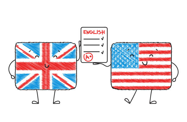 Learn English . Cute characters in the form of American and British flag hold a test in English. vector art illustration
