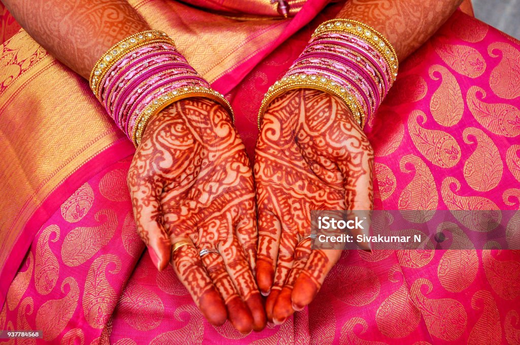 Henna design Decorated south indian bridal hands with henna India Stock Photo