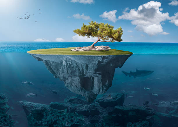 istock Idyllic small island with lone tree deep in the ocean 937787178
