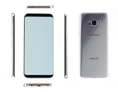 New york, USA - March 21, 2018: Diffrent views of silver samsung s8 plus isolated on white background