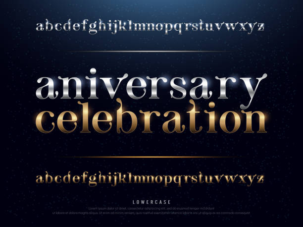 Elegant Silver and Golden Anniversary Celebration Colored Metal Chrome alphabet font. Typography classic style gold font set for symbol, Poster, Invitation. vector illustration Elegant Silver and Golden Anniversary Celebration Colored Metal Chrome alphabet font. Typography classic style gold font set for symbol, Poster, Invitation. vector illustration seria stock illustrations